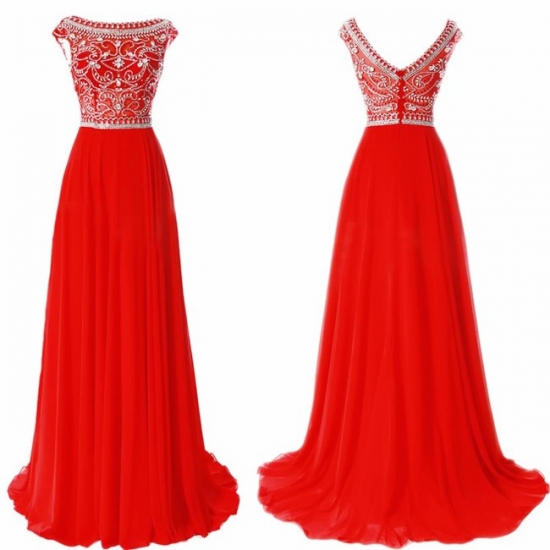 A-Line Bateau Backless Sweep Train Red Chiffon Prom Dress with Beading - Click Image to Close