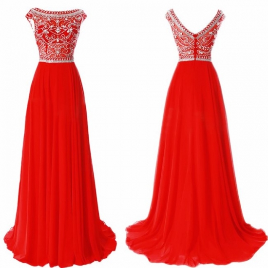 A-Line Bateau Backless Sweep Train Red Chiffon Prom Dress with Beading - Click Image to Close
