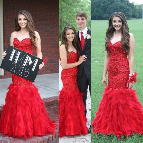 New Arriival Elegant Floor Length Prom Dress --- Red Mermaid Sweetheart with Feather