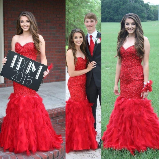 New Arriival Elegant Floor Length Prom Dress --- Red Mermaid Sweetheart with Feather - Click Image to Close