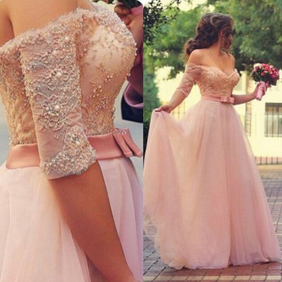 Gorgeous Prom Dress -Pink A-Line Off-the-Shoulder Half Sleeves Dress with Appliques Bowknot