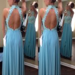 Elegant Floor Length Prom Dress - Sky Blue Open Back High Neck with Appliques