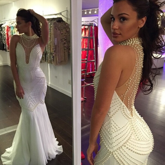 Glamorous Prom Dress -White Mermaid High Neck Sweep Train with Pearls - Click Image to Close