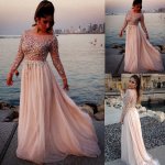 High Quality Prom/Evening Dress - Nude Pink Scoop Long Sleeves with Sequins