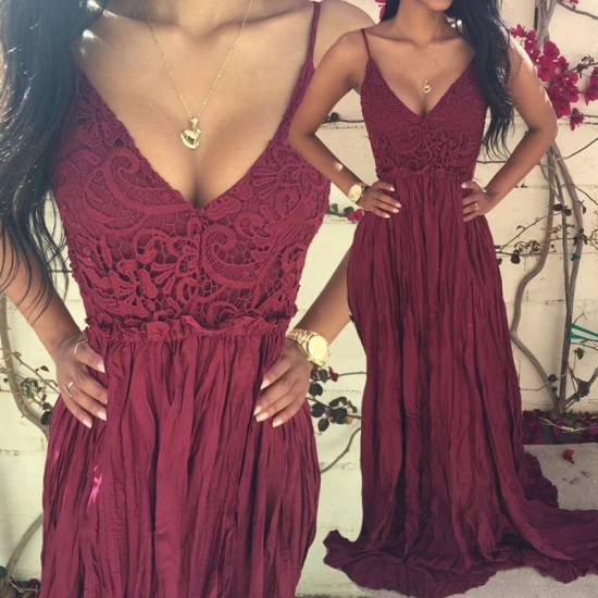 New Arrival Long Backless Prom Dress - Wine Red V-Neck Maxi Gown - Click Image to Close