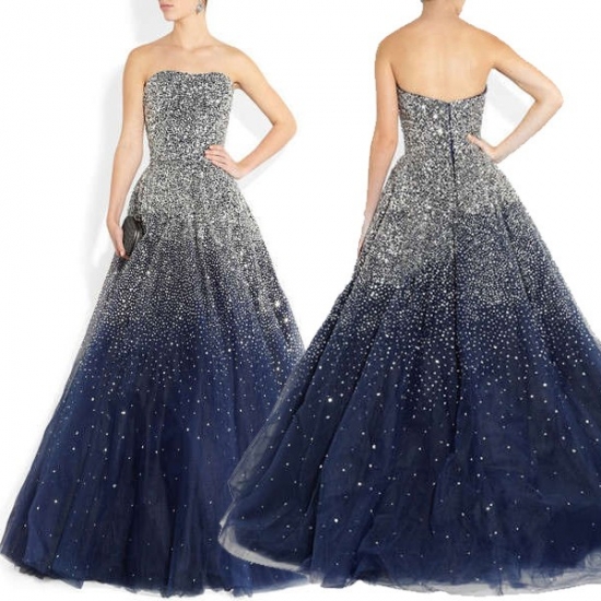 Modern Strapless Beading A-line Navy Blue Formal Evening Prom Dresses - Click Image to Close