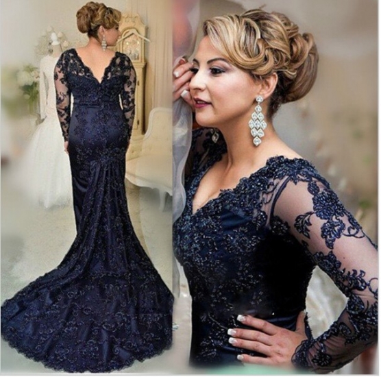 Sexy Long Mermaid Lace Prom Dresses Vintage Navy Blue Lace Mother of the Bride Dress - Click Image to Close