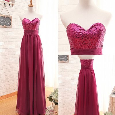 Fashion Sweetheart Sequins A-line Long Fuchsia Bridesmaid Dress