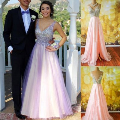 Fashionable V Neck Sleeveless Backless Pink Prom/Evening Dress with Rhinestone