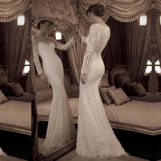 Elegant Vintage Sheath Lace Wedding Dress with Long Sleeves - Click Image to Close
