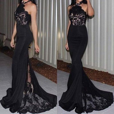 Glamorous Halter Court Train Mermaid Black Bridesmaid Dress with Lace