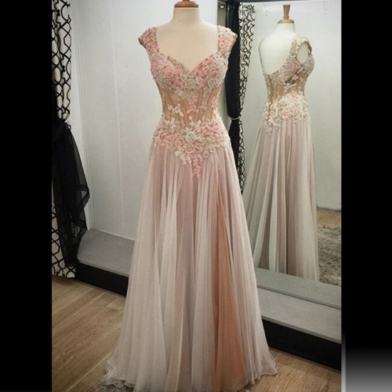 Elegant V-neck Cap Sleeves Long Homecoming Dress with Appliques Open Back - Click Image to Close