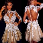 Stunning 3/4 Sleeves Scalloped-Edge Short Gold Homecoming Dress with White Appliques Illusion Back