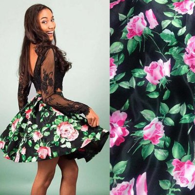 Saucy Two Piece Long Sleeves Short Black Floral Homecoming Dress with Lace