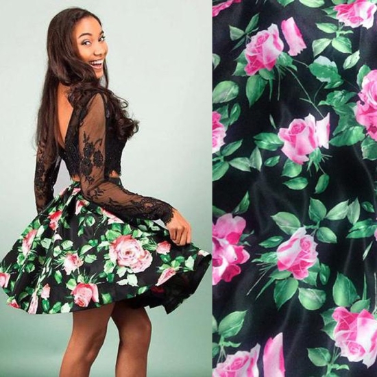 Saucy Two Piece Long Sleeves Short Black Floral Homecoming Dress with Lace - Click Image to Close