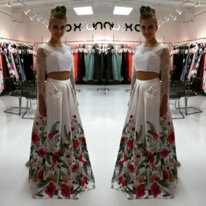 Sexy 2 Piece Long Sleeves Floral Prom Dress Top with Beaded