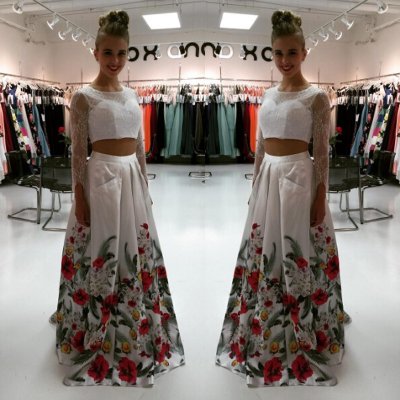 Sexy 2 Piece Long Sleeves Floral Prom Dress Top with Beaded