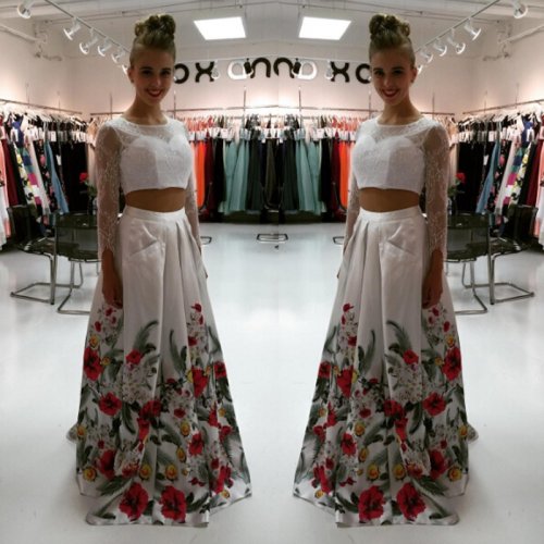 Sexy 2 Piece Long Sleeves Floral Prom Dress Top with Beaded