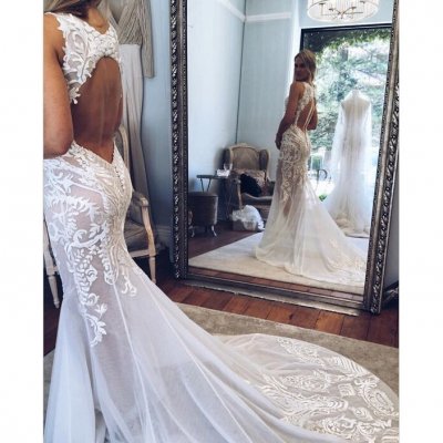 Stunning Bateau Sleeveless Court Train Mermaid Wedding Dress with Appliques Open Back