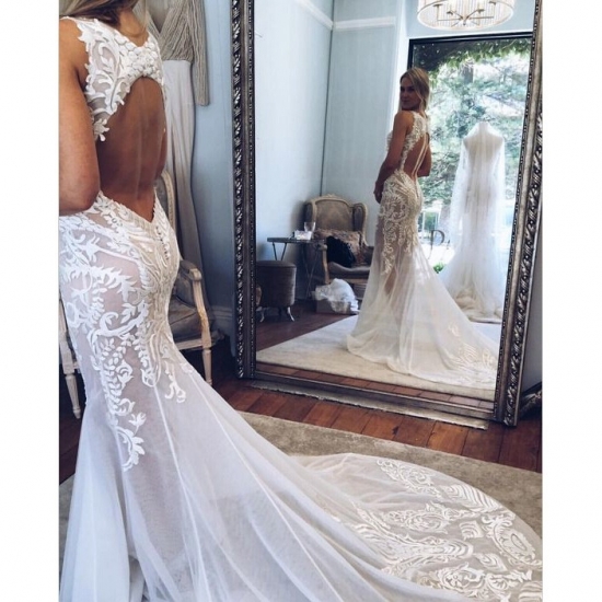 Stunning Bateau Sleeveless Court Train Mermaid Wedding Dress with Appliques Open Back - Click Image to Close