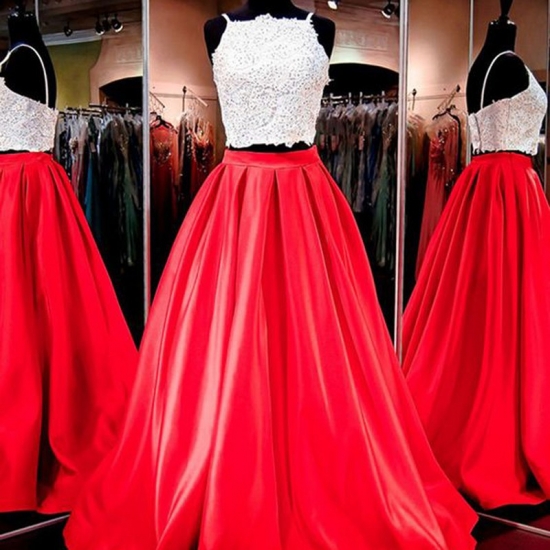 Two Piece Square Floor-Length Red Satin Prom Dress with Appliques - Click Image to Close