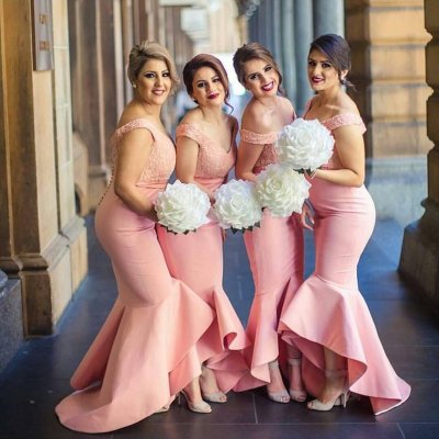 High Quality Mermaid Bridesmaid Dress - Pink Off Shoulder Hi-Low with Ruffles Lace Top