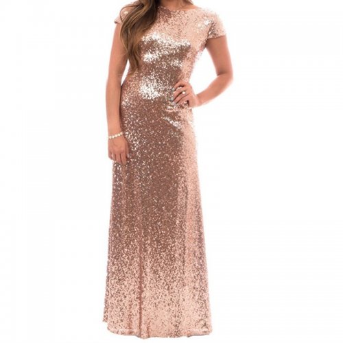 Elegant Rose Gold Bridesmaid Dress - Bateau Short Sleeves Long Backless