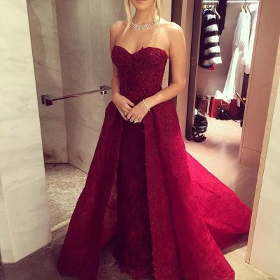 Charming Wine Red Lace Prom Dress - Sweetheart Sleeveless Beading with Detachable Train