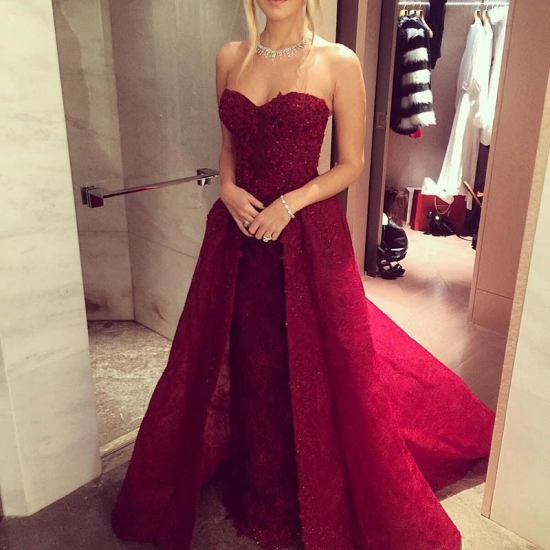 Charming Wine Red Lace Prom Dress - Sweetheart Sleeveless Beading with Detachable Train - Click Image to Close