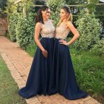 Crispy Navy Blue Prom Dress - Jewel Sleeveless Sweep Train with Beading