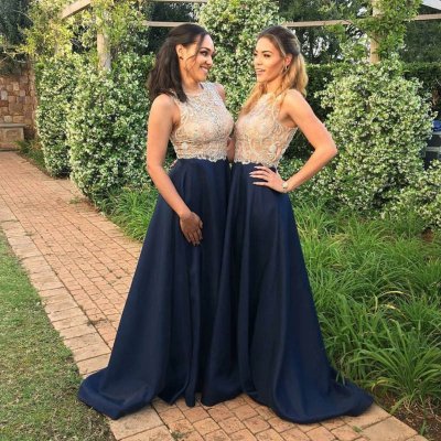 Crispy Navy Blue Prom Dress - Jewel Sleeveless Sweep Train with Beading