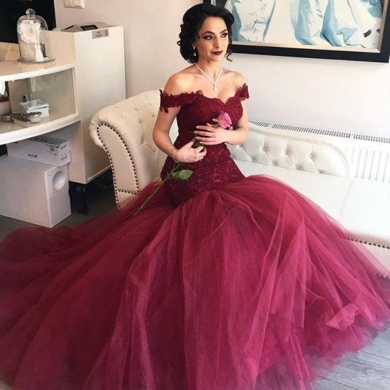 Elegant Burgundy Mermaid Prom Dress - Off Shoulder Sweep Train Lace Top - Click Image to Close