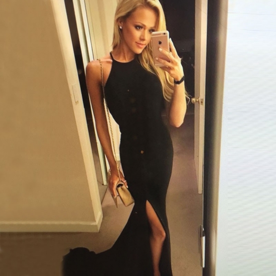 Sexy Black Prom Dress - Mermaid Halter Sweep Train with Slit - Click Image to Close