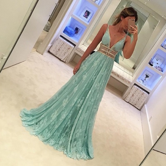 Fabulous Mint Green Prom Dress - Deep V Neck Sleeveless Floor Length Lace with Beading - Click Image to Close