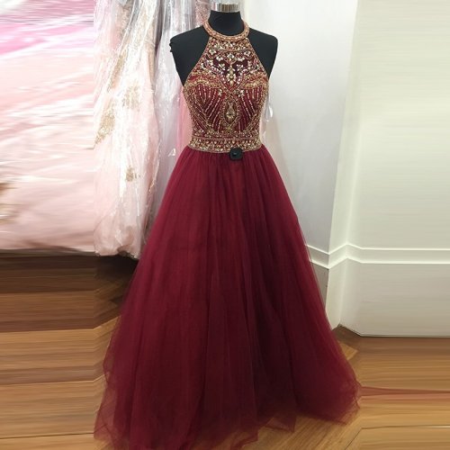 Burgundy A-line Beading Jewel Sleeveless Sweep Train Prom Dress