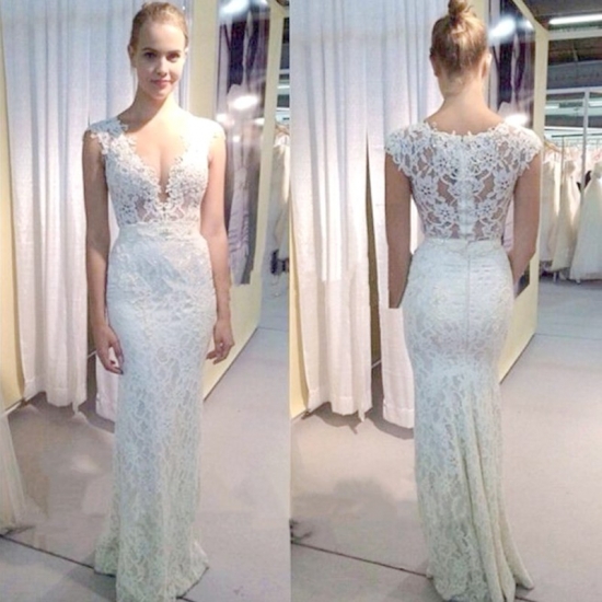 Mermaid Deep V-neck Sleeveless Sweep Train Lace Wedding Dress - Click Image to Close