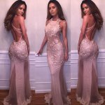 Mermaid Style Long Backless Blush Jewel Prom Dress with Appliques