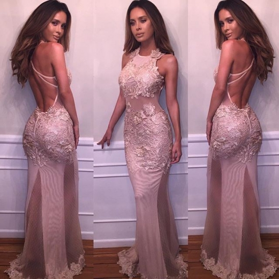 Mermaid Style Long Backless Blush Jewel Prom Dress with Appliques - Click Image to Close