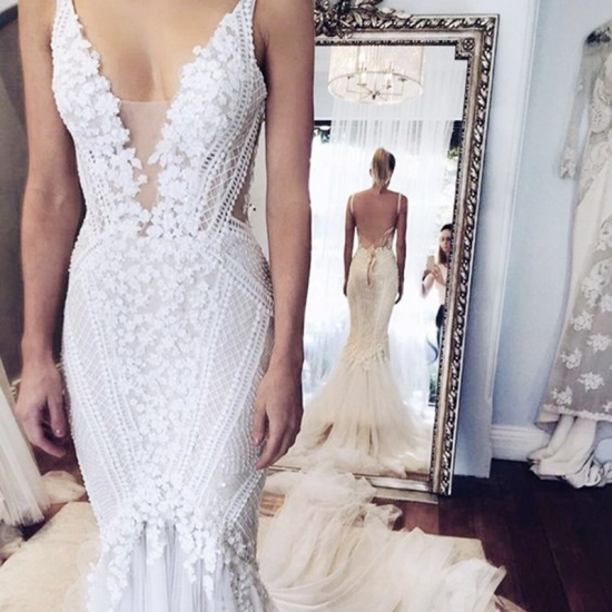 Mermaid Style Straps Chapel Train Wedding Dress Backless with Lace - Click Image to Close