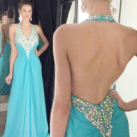 A-line Blue Halter Ruched Backless Long Prom Dress with Beading - Click Image to Close