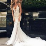 Mermaid Style Backless Deep V-neck Court Train Wedding Dress with Lace