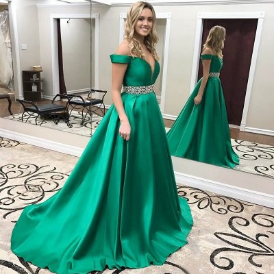 Green A-line Off-the-Shoulder Sweep Train Beading Waist Prom Dress with Pockets