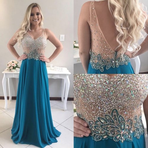 A-line V-neck Sweep Train Backless Prom Dress with Beading