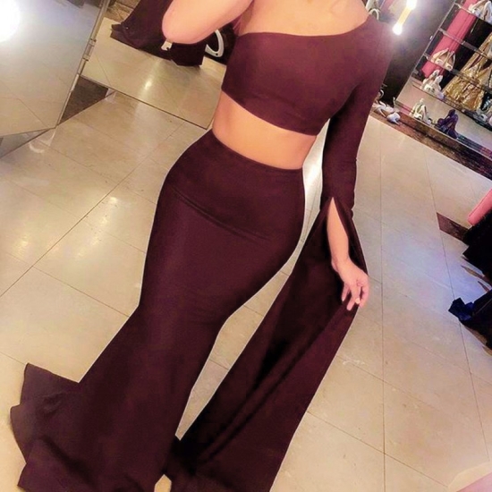 Two Piece Mermaid Style Prom Dress - One Shoulder Sweep Train Long Sleeves - Click Image to Close