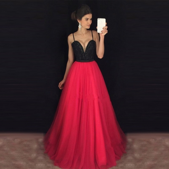 A-Line Spaghetti Straps Red Tulle Prom Dress with Lace Beading - Click Image to Close