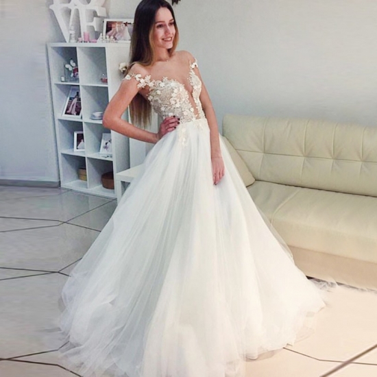 A-Line Illusion Bateau Cap Sleeves White Tulle Prom Dress with Lace Appliques - Click Image to Close