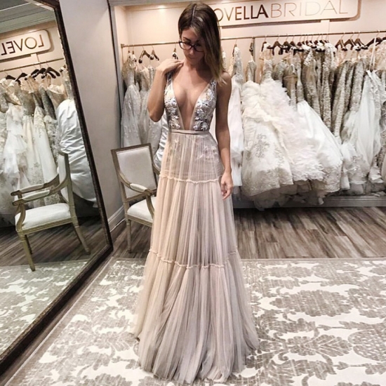 A-line Deep V-Neck Long Champagne Tulle Wedding Dress with Lace - Click Image to Close
