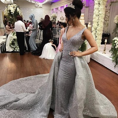 A-Line V-Neck Court Train Backless Grey Lace Prom Evening Dress with Beading