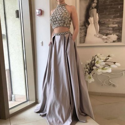 Two Piece High Neck Grey Satin Prom Dress with Beading Pleats Pockets