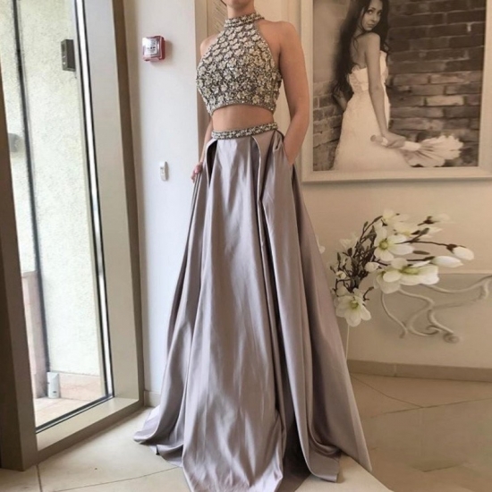 Two Piece High Neck Grey Satin Prom Dress with Beading Pleats Pockets - Click Image to Close